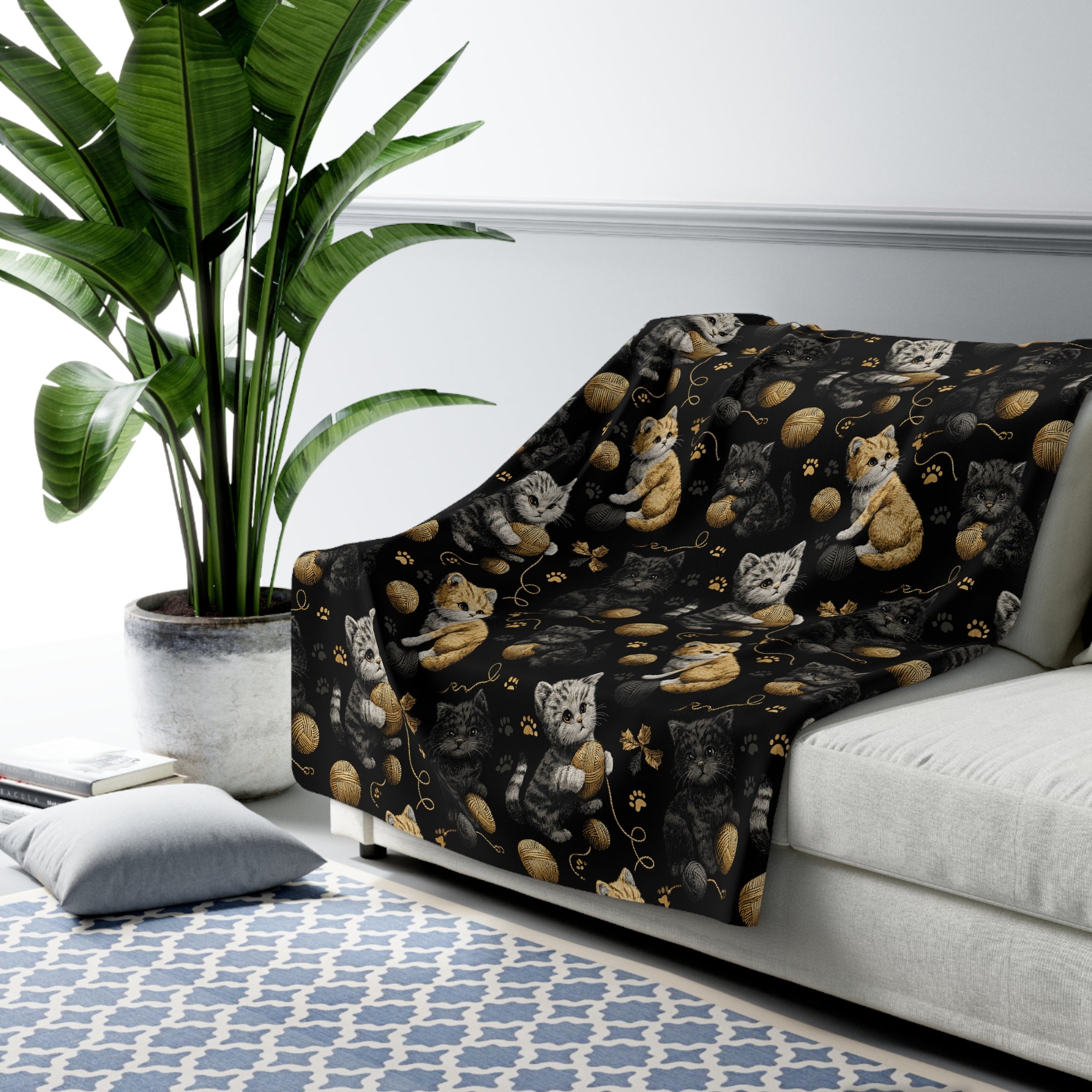 Sherpa Blanket - Assorted Cute Kittens with Colorful Yarn Balls and Paw Prints on a Black Backdrop