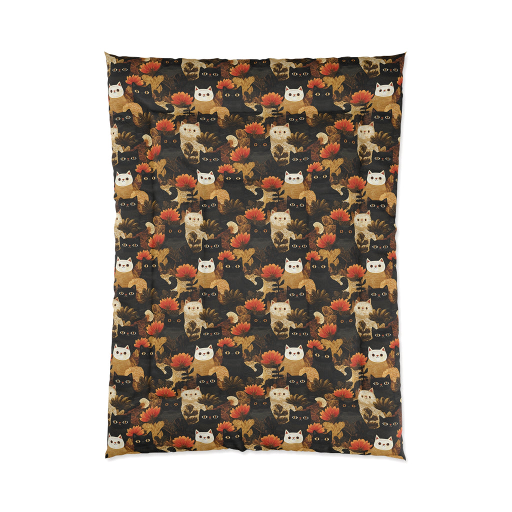 Comforter - A dark and fantastical illustrative painting of many different cats and plants, creating a dense, mysterious, and golden jungle or forest scene.