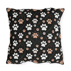 Outdoor Pillow - Whimsical cat and kitten garden party, various cat breeds amidst green foliage and pink flowers, charming animal illustration, dark forest green background, playful and natural art