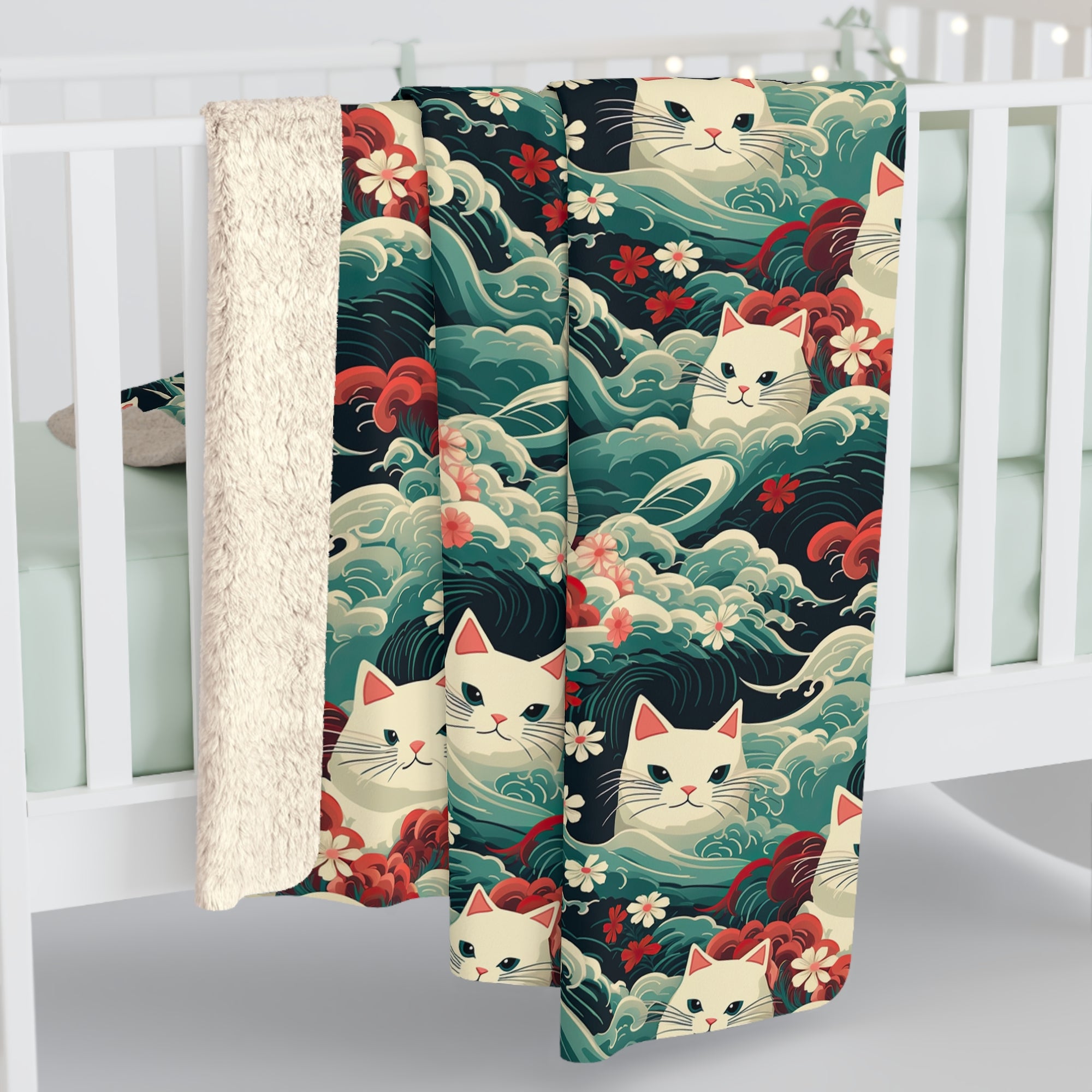 Sherpa Blanket - A dramatic and powerful Japanese woodblock print-style illustration of cats amidst powerful waves, red flowers, and white cherry blossoms.