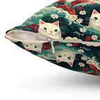 Indoor Square Pillow - A dramatic and powerful Japanese woodblock print-style illustration of cats amidst powerful waves, red flowers, and white cherry blossoms.