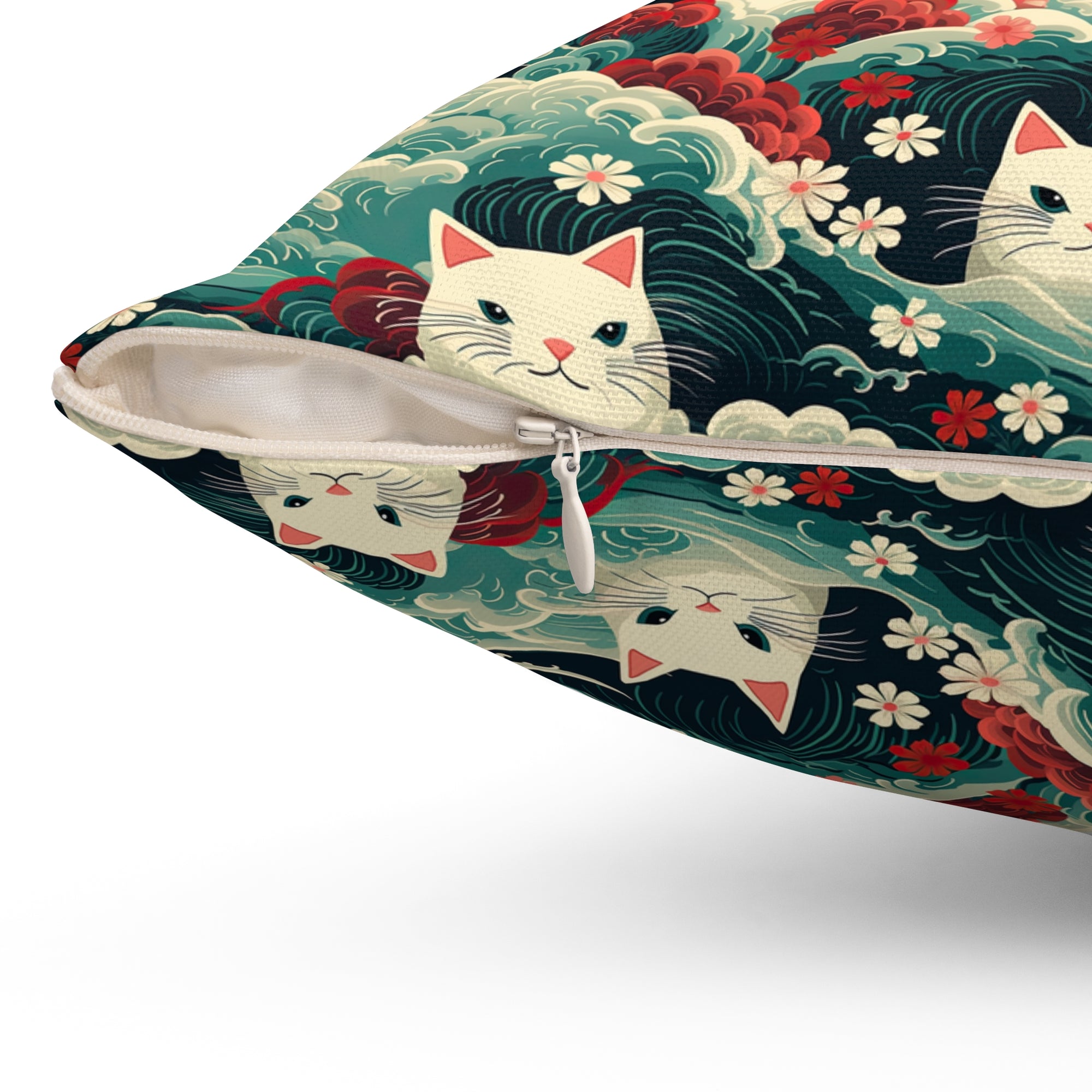 Indoor Square Pillow - A dramatic and powerful Japanese woodblock print-style illustration of cats amidst powerful waves, red flowers, and white cherry blossoms.