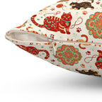 Indoor Square Pillow - Vibrant boho chic cats and mandalas, colorful folk art style, playful felines with yarn and paw prints, artistic and bohemian cat design, cream background, unique animal print