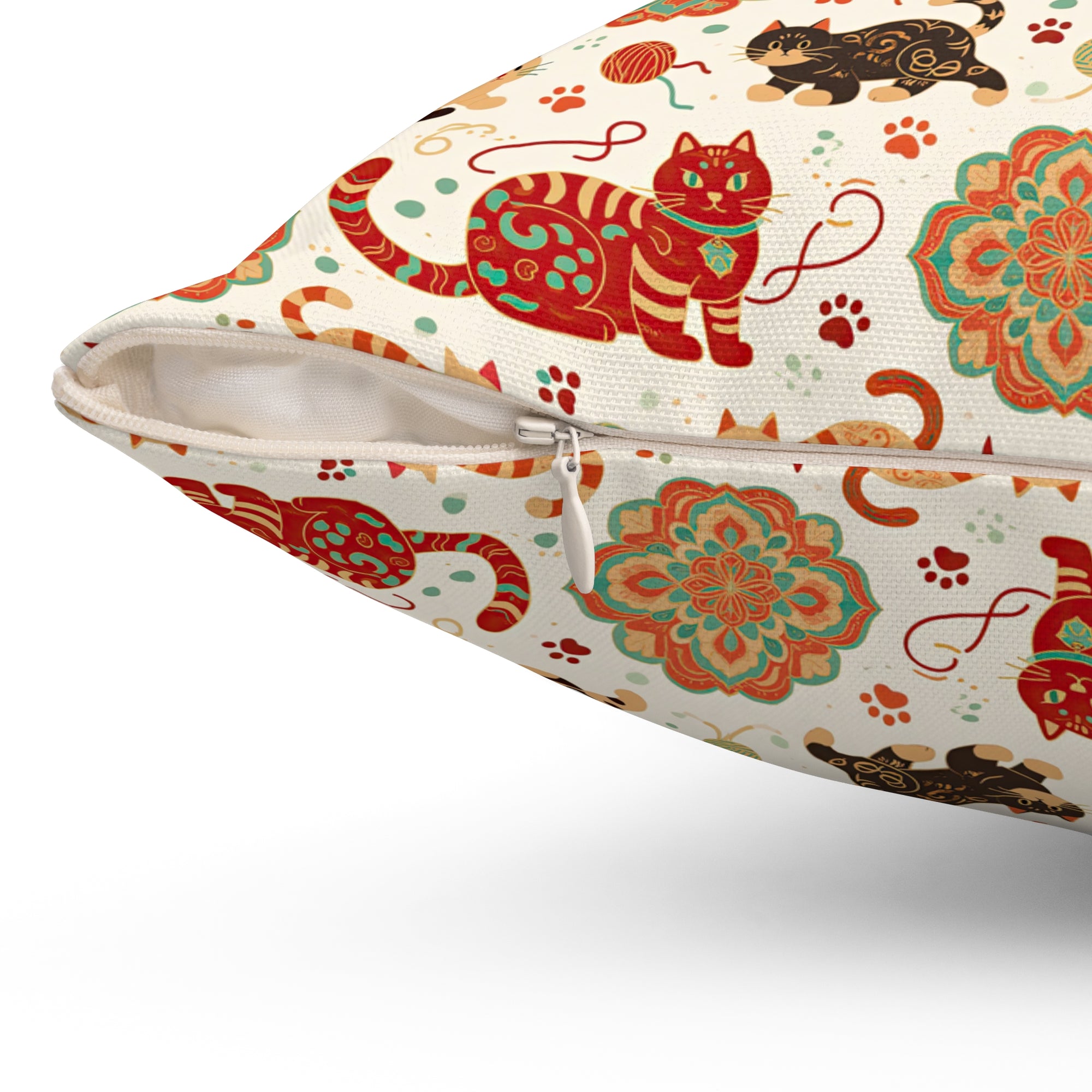 Indoor Square Pillow - Vibrant boho chic cats and mandalas, colorful folk art style, playful felines with yarn and paw prints, artistic and bohemian cat design, cream background, unique animal print