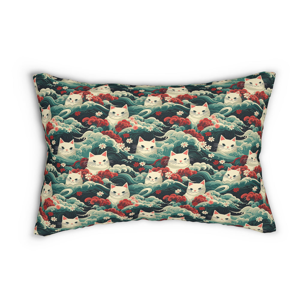 Indoor Lumbar Pillow - A dramatic and powerful Japanese woodblock print-style illustration of cats amidst powerful waves, red flowers, and white cherry blossoms.