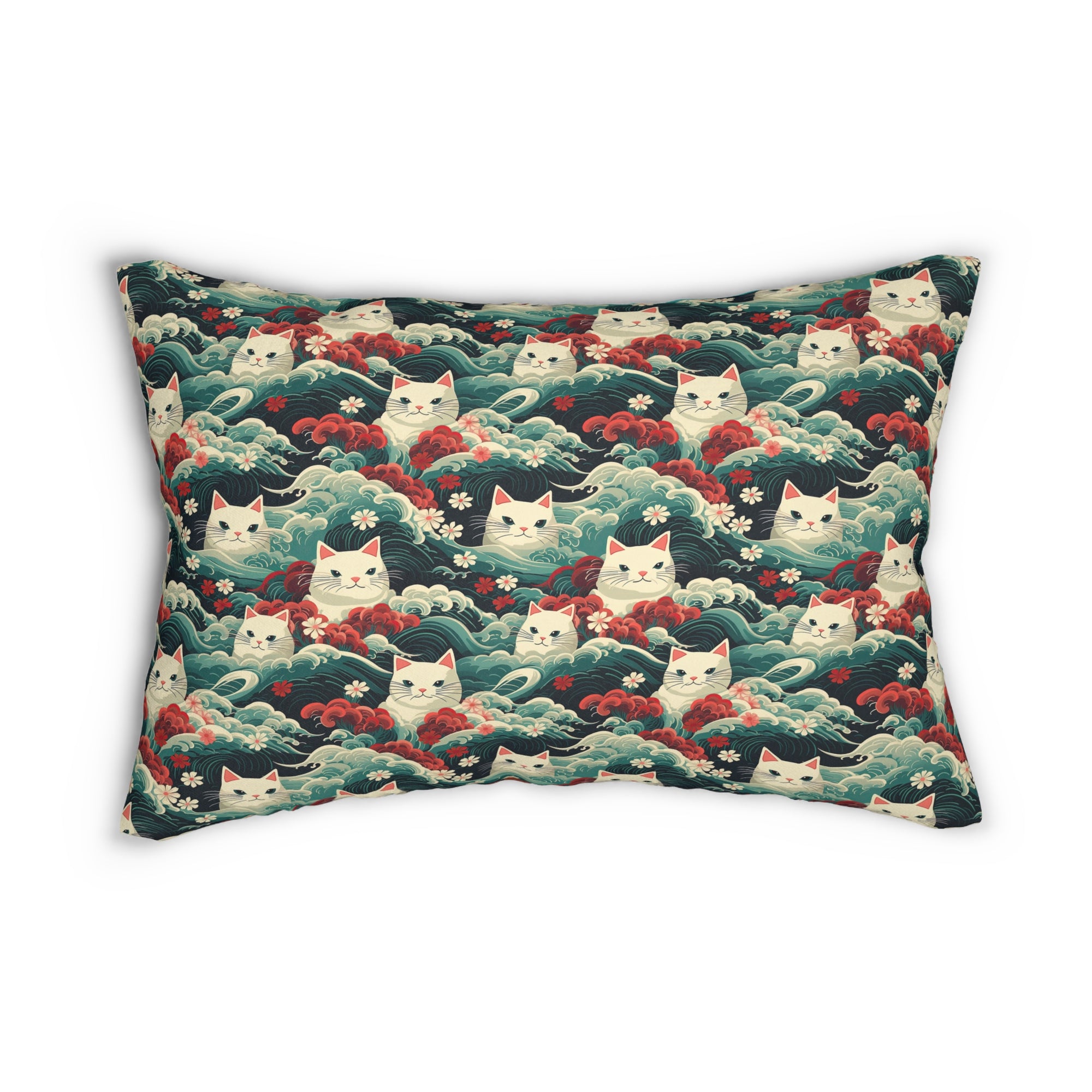Indoor Lumbar Pillow - A dramatic and powerful Japanese woodblock print-style illustration of cats amidst powerful waves, red flowers, and white cherry blossoms.