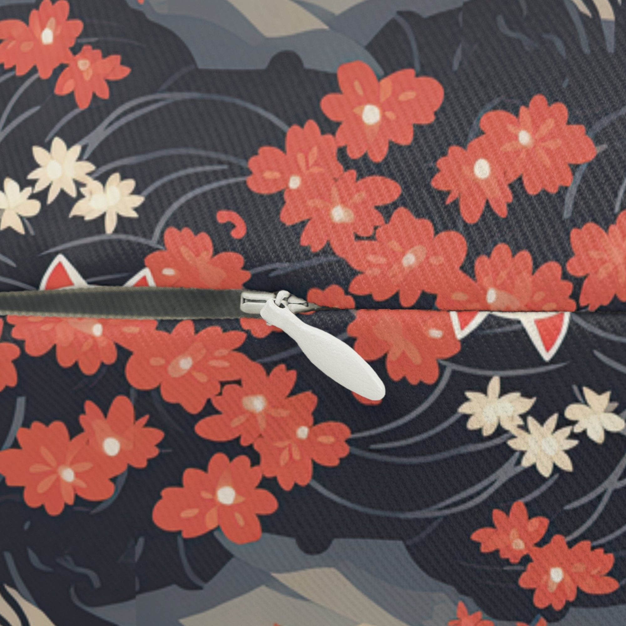 Indoor Lumbar Pillow - A charming, minimalist, Japanese-style illustration of cute white cats sitting amongst vibrant red and white flowers on a dark background.