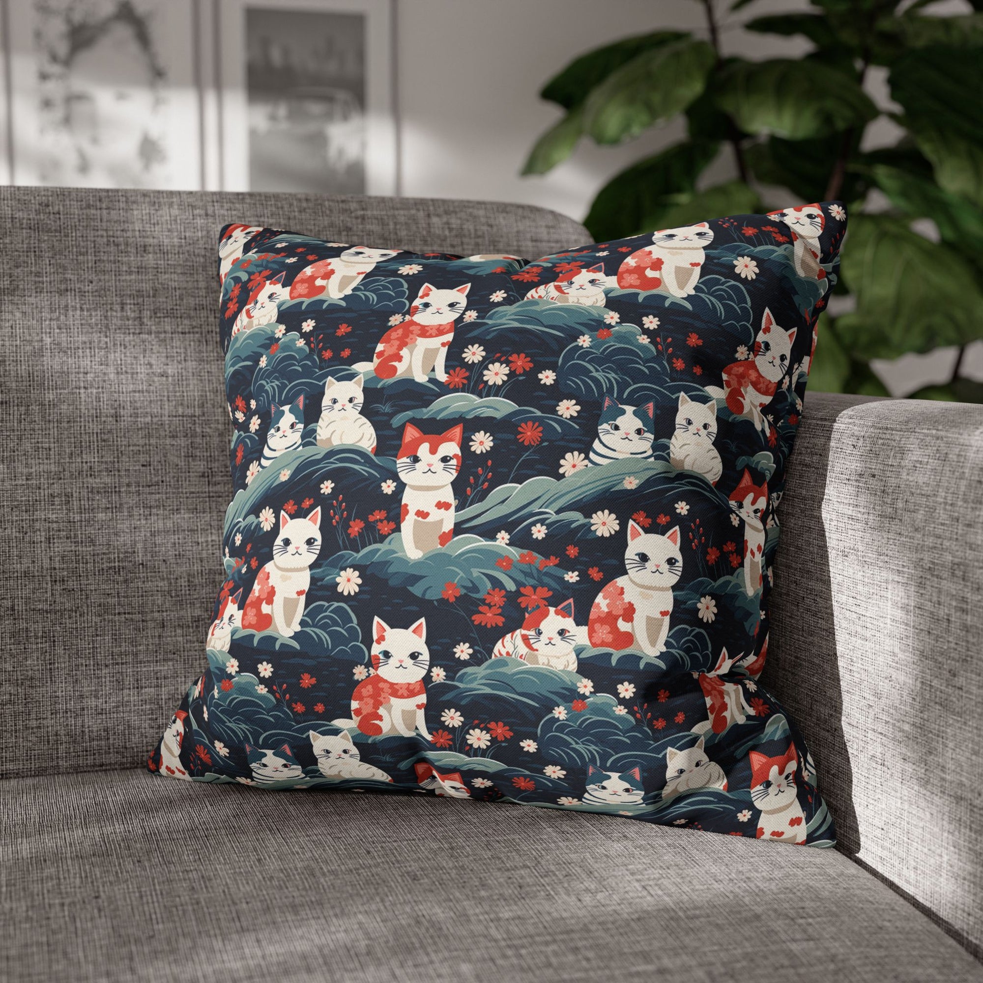 Square Pillowcase - A serene and sweet Japanese landscape pattern featuring multicolored cats relaxing within a tranquil field of red and white flowers and gentle blue hills.
