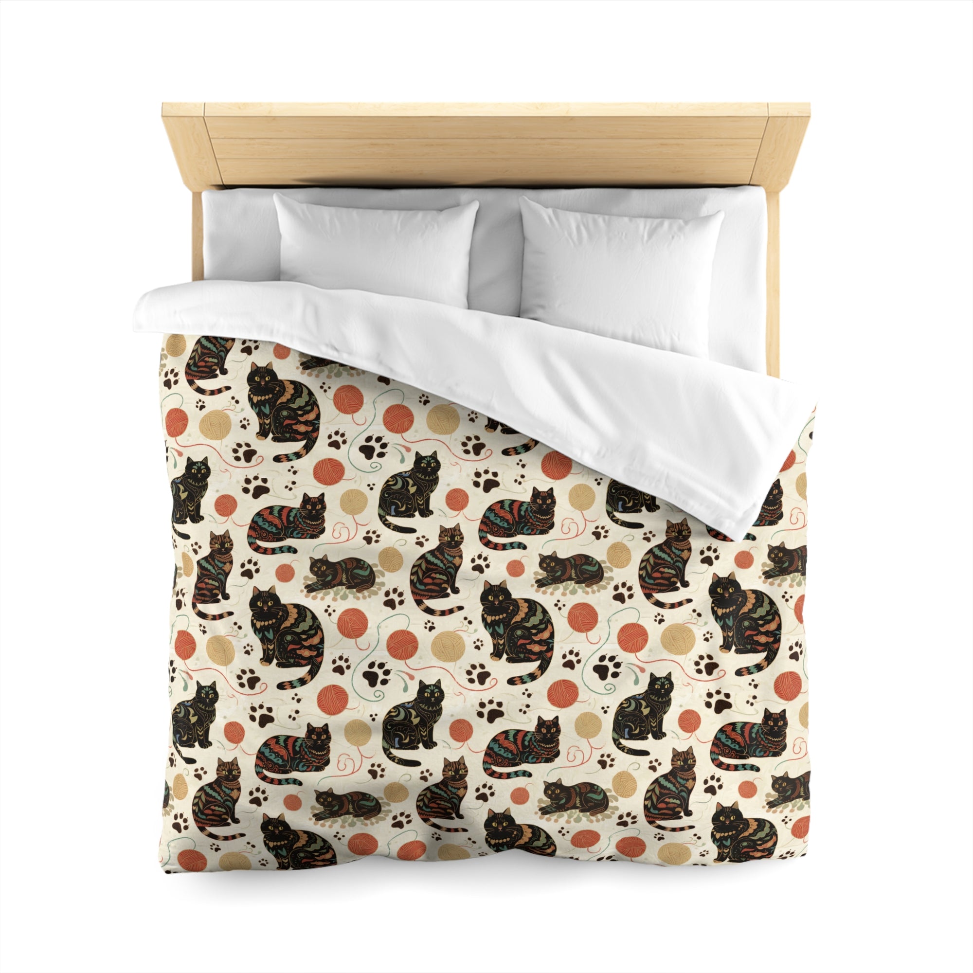 Duvet Cover - Intricate tribal patterned black cats, colorful folk art style, playful felines with yarn balls and paw prints, artistic and bohemian cat design, cream background, unique animal print