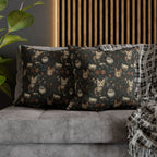 Square Pillowcase - Brown Tabby Kittens Among Dark Green and Peach Floral Vines, Moody Vintage Style