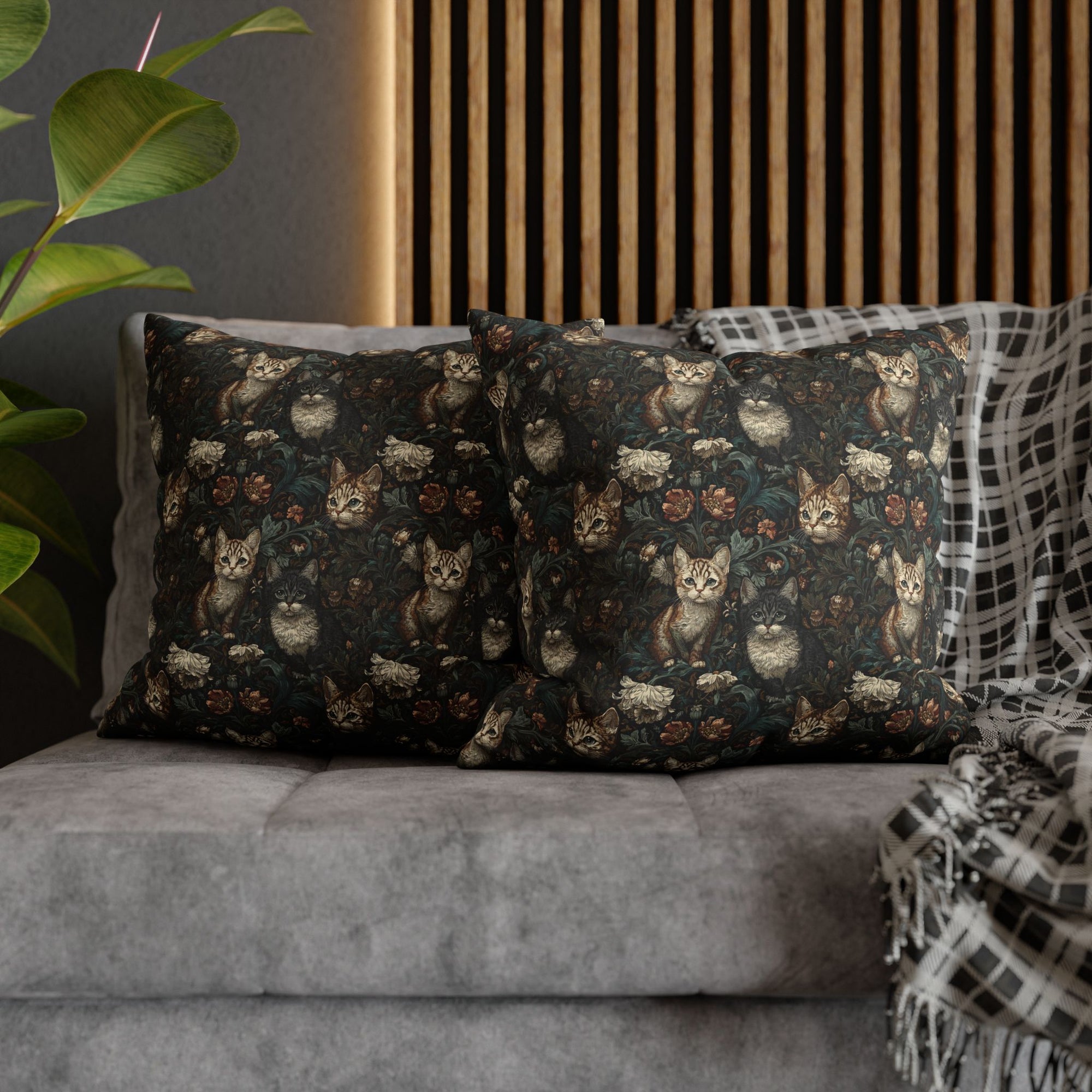 Square Pillowcase - Brown Tabby Kittens Among Dark Green and Peach Floral Vines, Moody Vintage Style