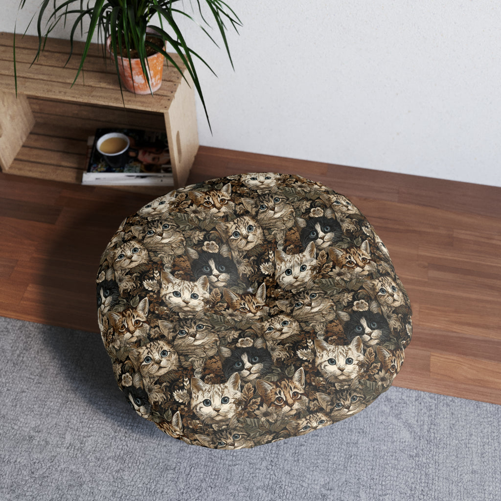 Indoor Round Floor Pillow - An intricate and detailed vintage illustration featuring a close-up of various fluffy cats with bright eyes amidst lush, ornate floral foliage in sepia tones.
