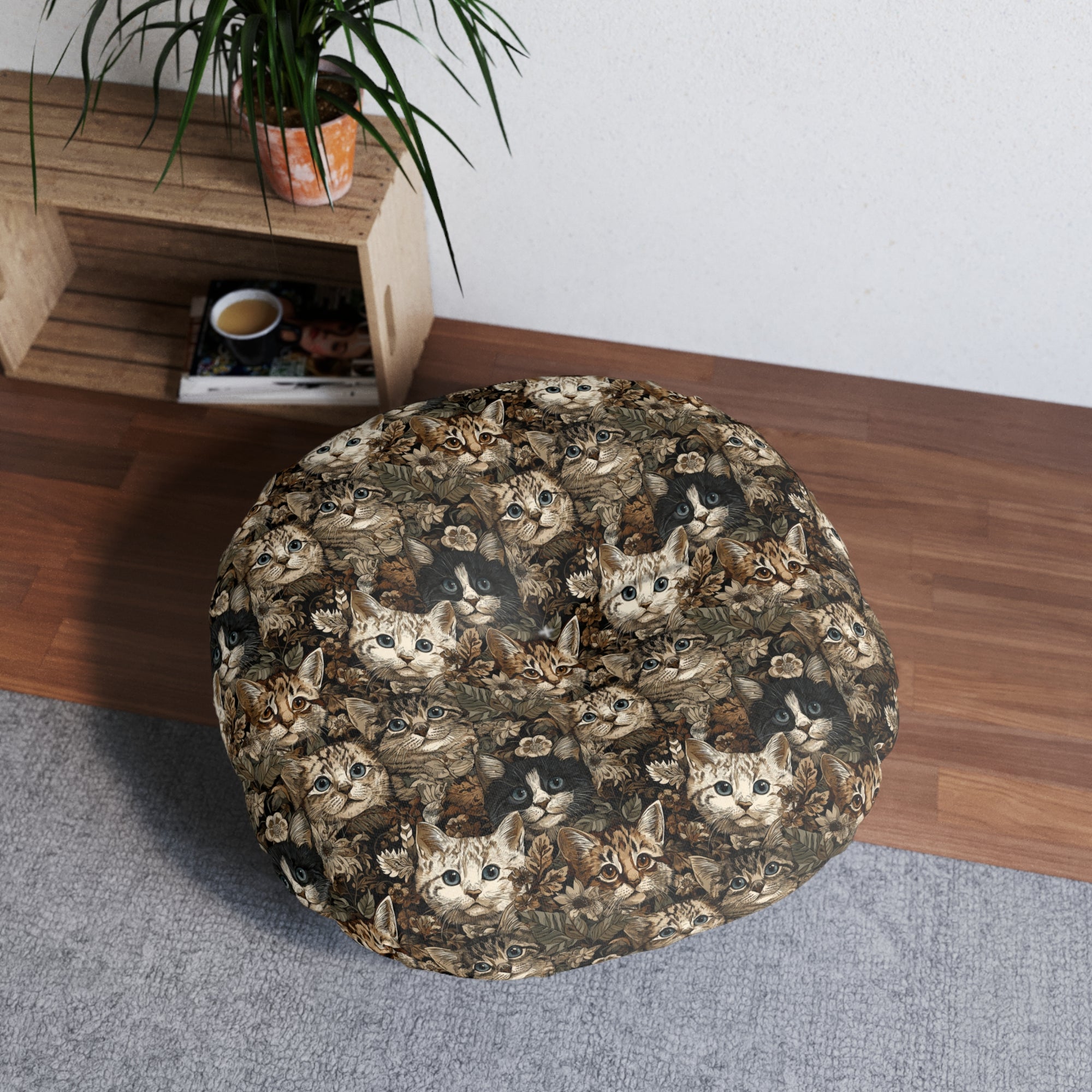 Indoor Round Floor Pillow - An intricate and detailed vintage illustration featuring a close-up of various fluffy cats with bright eyes amidst lush, ornate floral foliage in sepia tones.