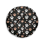 Indoor Round Floor Pillow - Grey and White Kittens Playing with Golden Yarn on a Black Background with Paw Prints