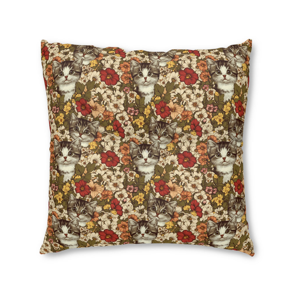 Indoor Square Floor Pillow - Grey Tabby Kittens in a Garden of Red, Peach, and Yellow Flowers, Soft Vintage Style