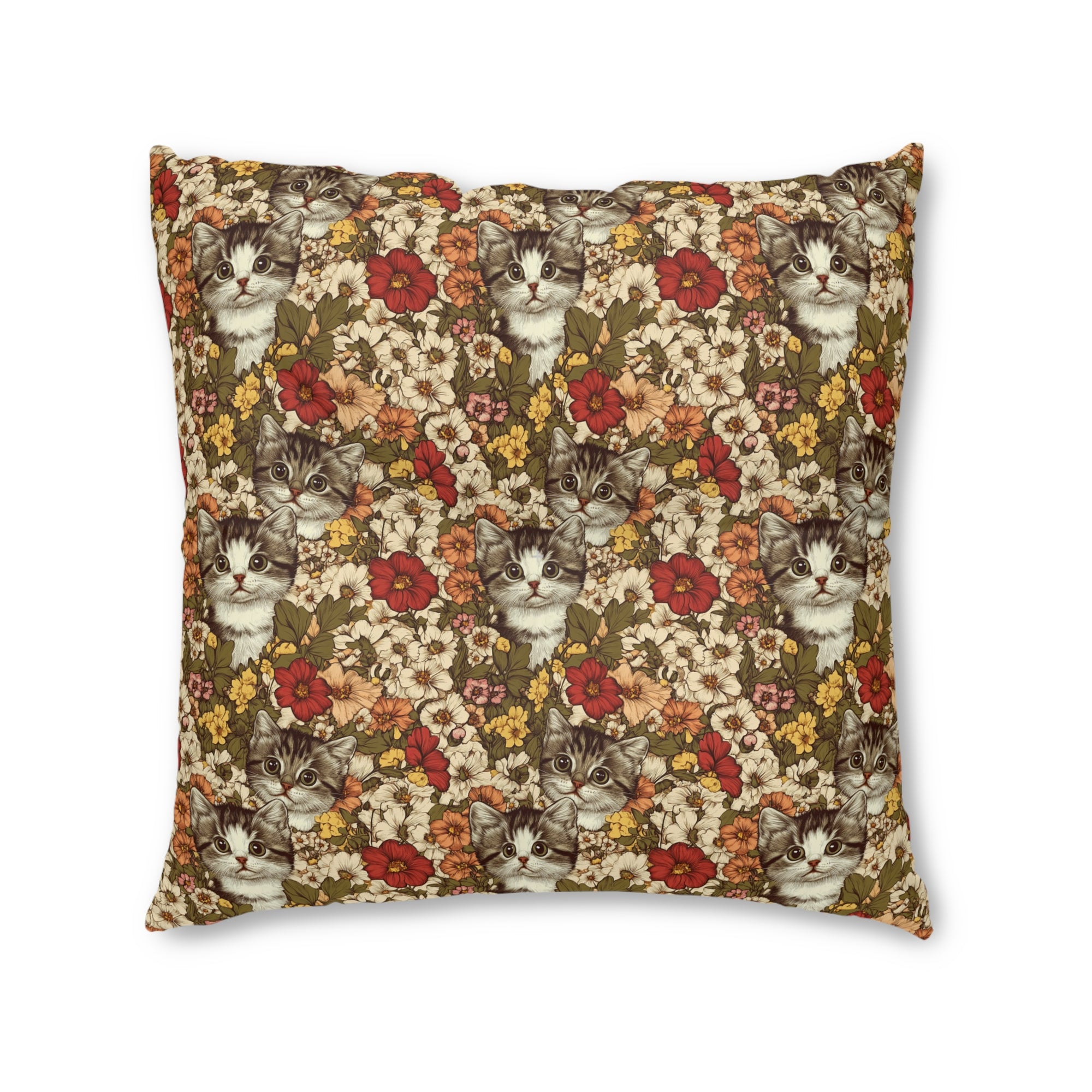 Indoor Square Floor Pillow - Grey Tabby Kittens in a Garden of Red, Peach, and Yellow Flowers, Soft Vintage Style