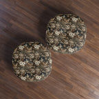 Indoor Round Floor Pillow - An intricate and detailed vintage illustration featuring a close-up of various fluffy cats with bright eyes amidst lush, ornate floral foliage in sepia tones.
