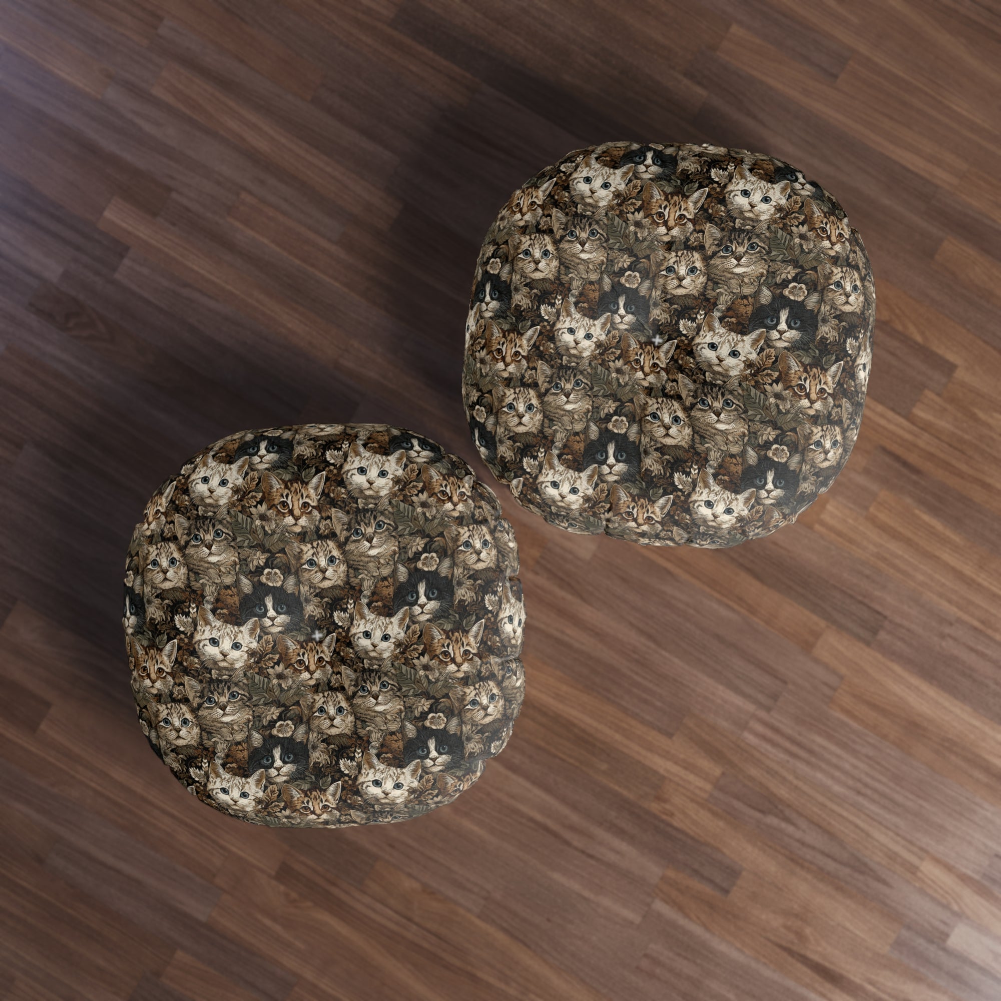 Indoor Round Floor Pillow - An intricate and detailed vintage illustration featuring a close-up of various fluffy cats with bright eyes amidst lush, ornate floral foliage in sepia tones.