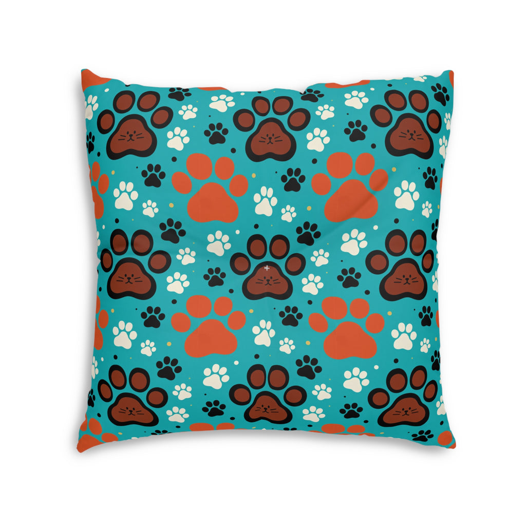 Indoor Square Floor Pillow - A dramatic and powerful Japanese woodblock print-style illustration of cats amidst powerful waves, red flowers, and white cherry blossoms.