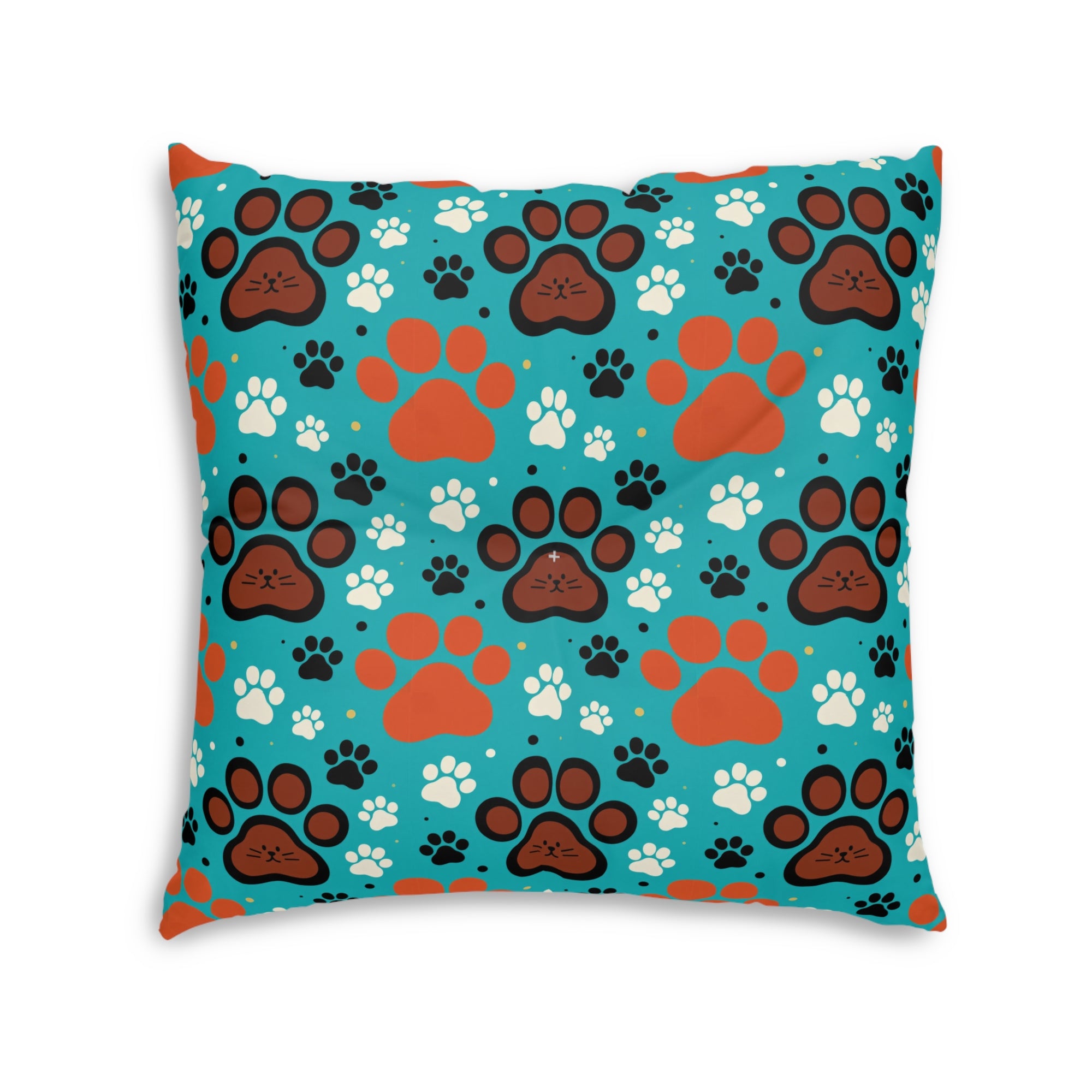 Indoor Square Floor Pillow - A dramatic and powerful Japanese woodblock print-style illustration of cats amidst powerful waves, red flowers, and white cherry blossoms.