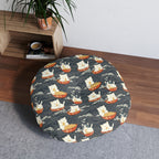 Indoor Round Floor Pillow - An adorable and cute pattern of baby cats happily eating steaming ramen noodles from traditional red and white bowls with beautiful white floral elements surrounding them.