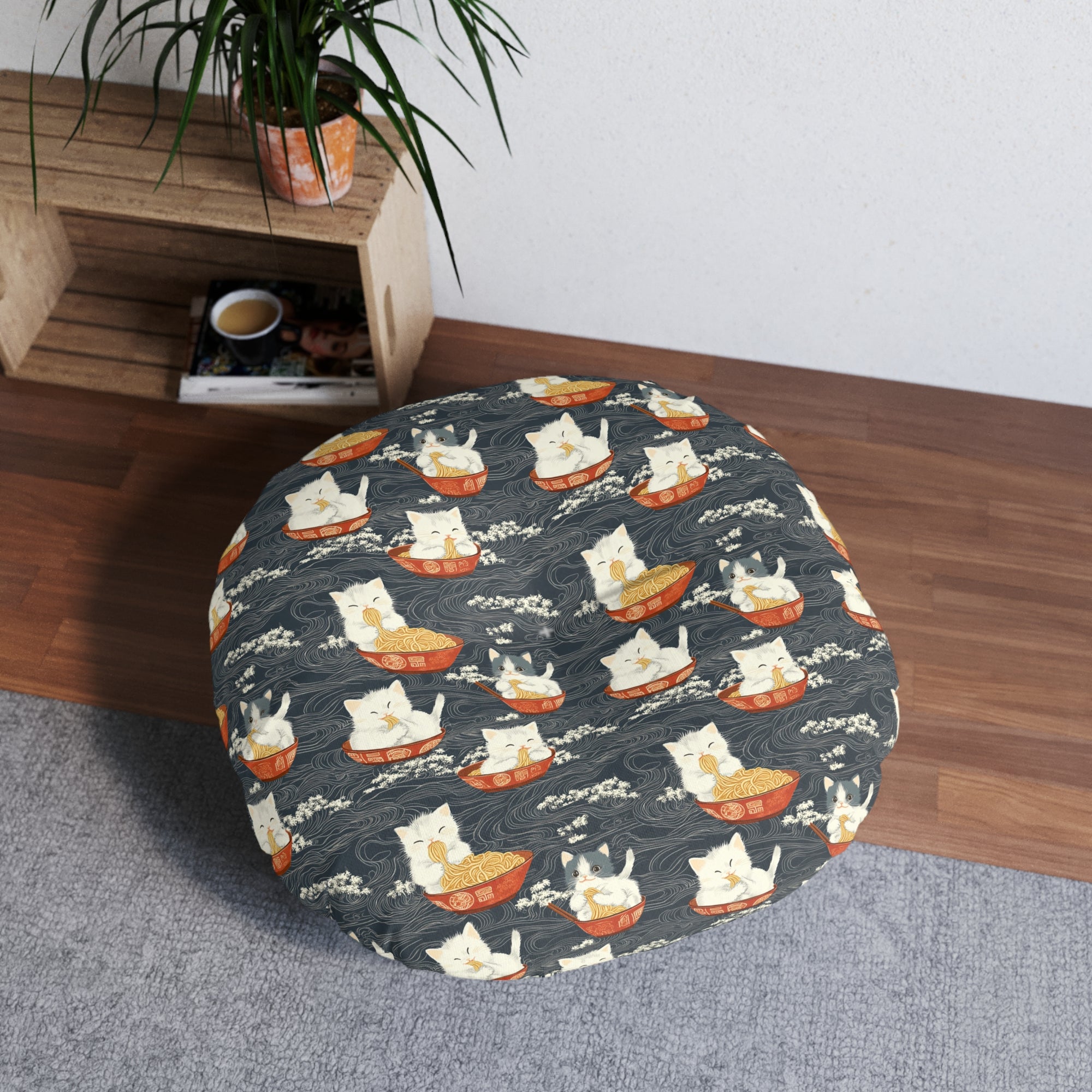Indoor Round Floor Pillow - An adorable and cute pattern of baby cats happily eating steaming ramen noodles from traditional red and white bowls with beautiful white floral elements surrounding them.