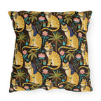 Outdoor Pillow - Golden Egyptian Cats with Pharaonic Headpieces Amidst Lush Palms and Lotus Flowers in an Exotic and Vibrant Scene