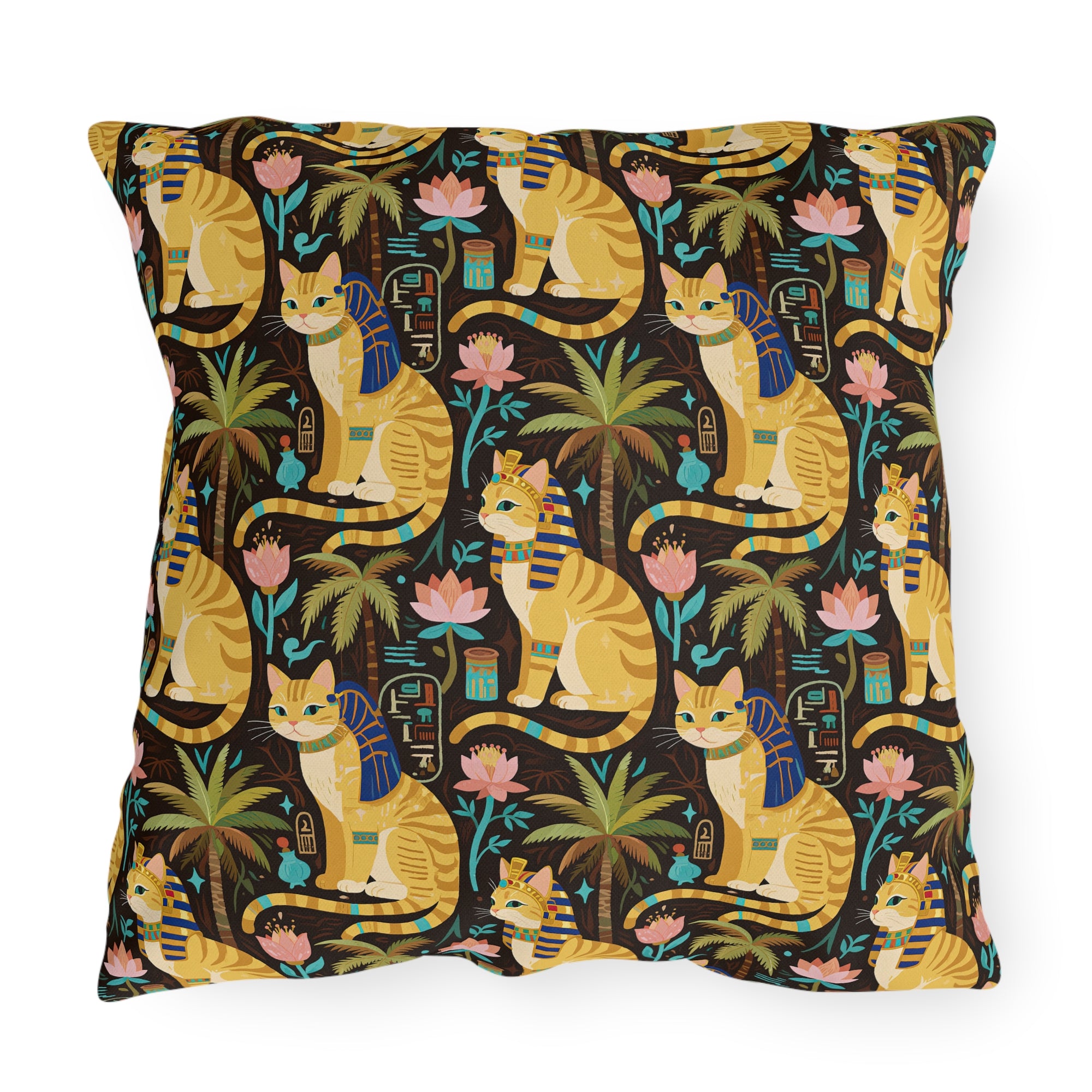 Outdoor Pillow - Golden Egyptian Cats with Pharaonic Headpieces Amidst Lush Palms and Lotus Flowers in an Exotic and Vibrant Scene