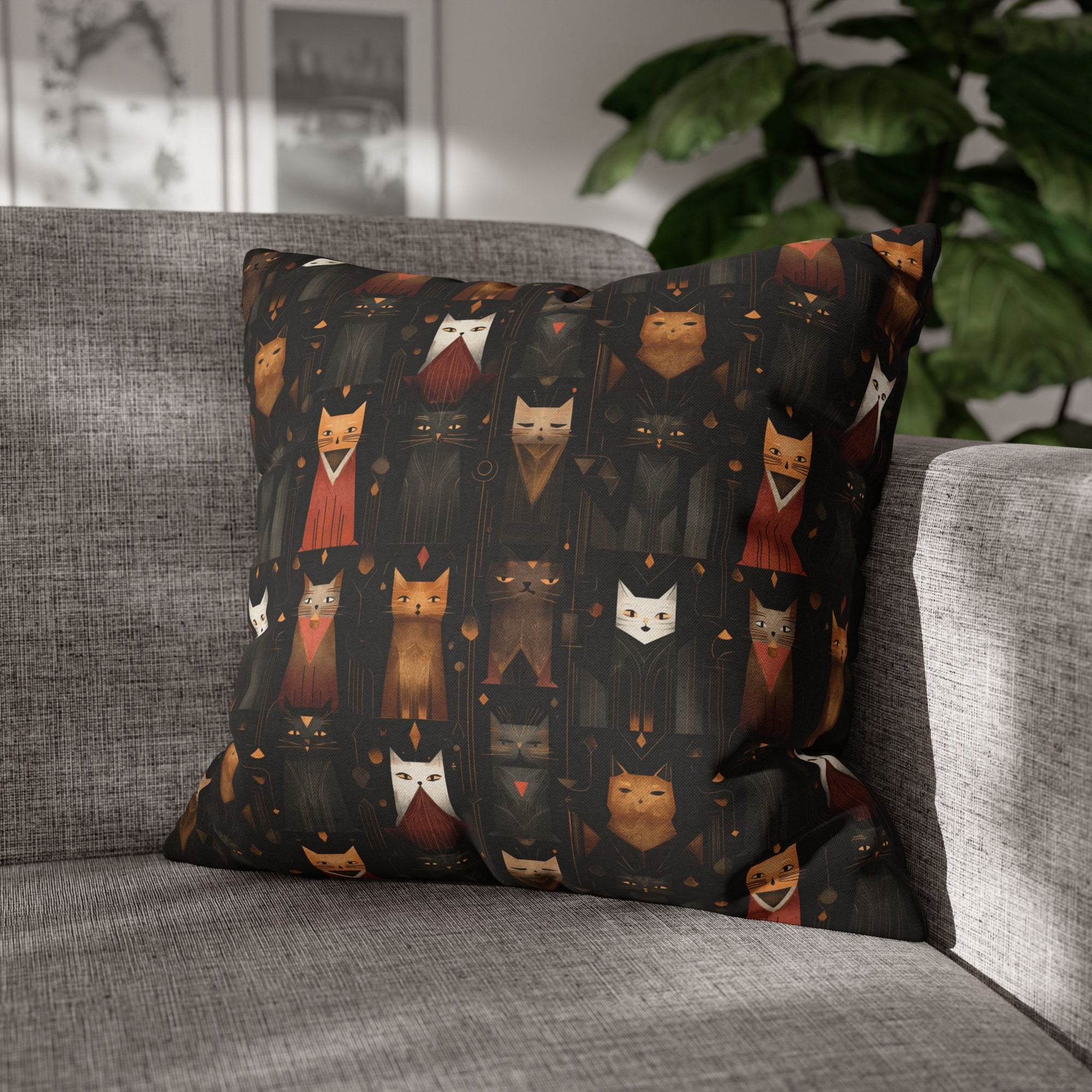 Square Pillowcase - A striking and sophisticated Art Deco-style pattern of felines with bold, intricate lines and dramatic geometric shapes, all rendered in a unique gold and gray color palette.