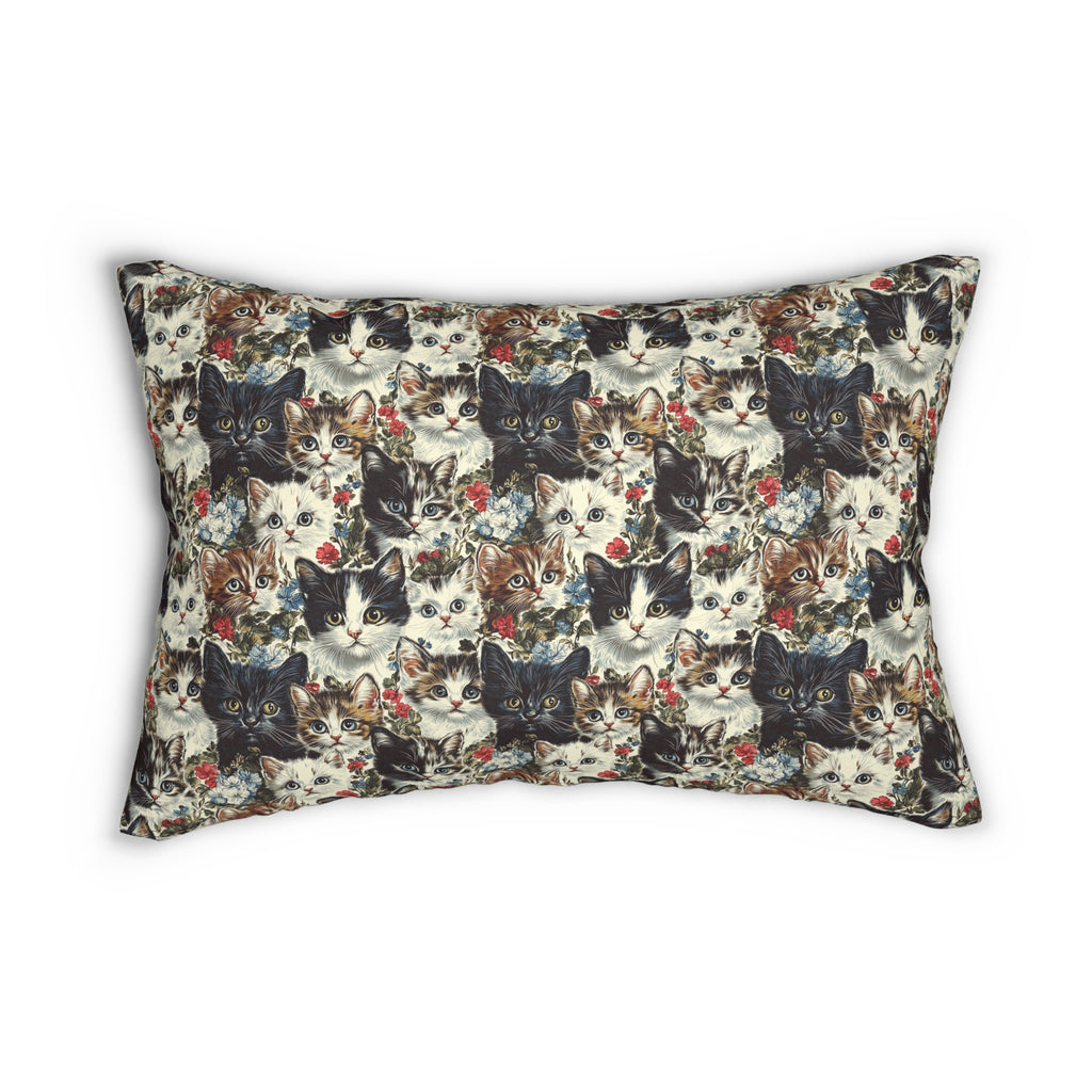 Indoor Lumbar Pillow - Colorful Kitten Faces with Red and Blue Flowers, Whimsical and Bright, Pattern Design