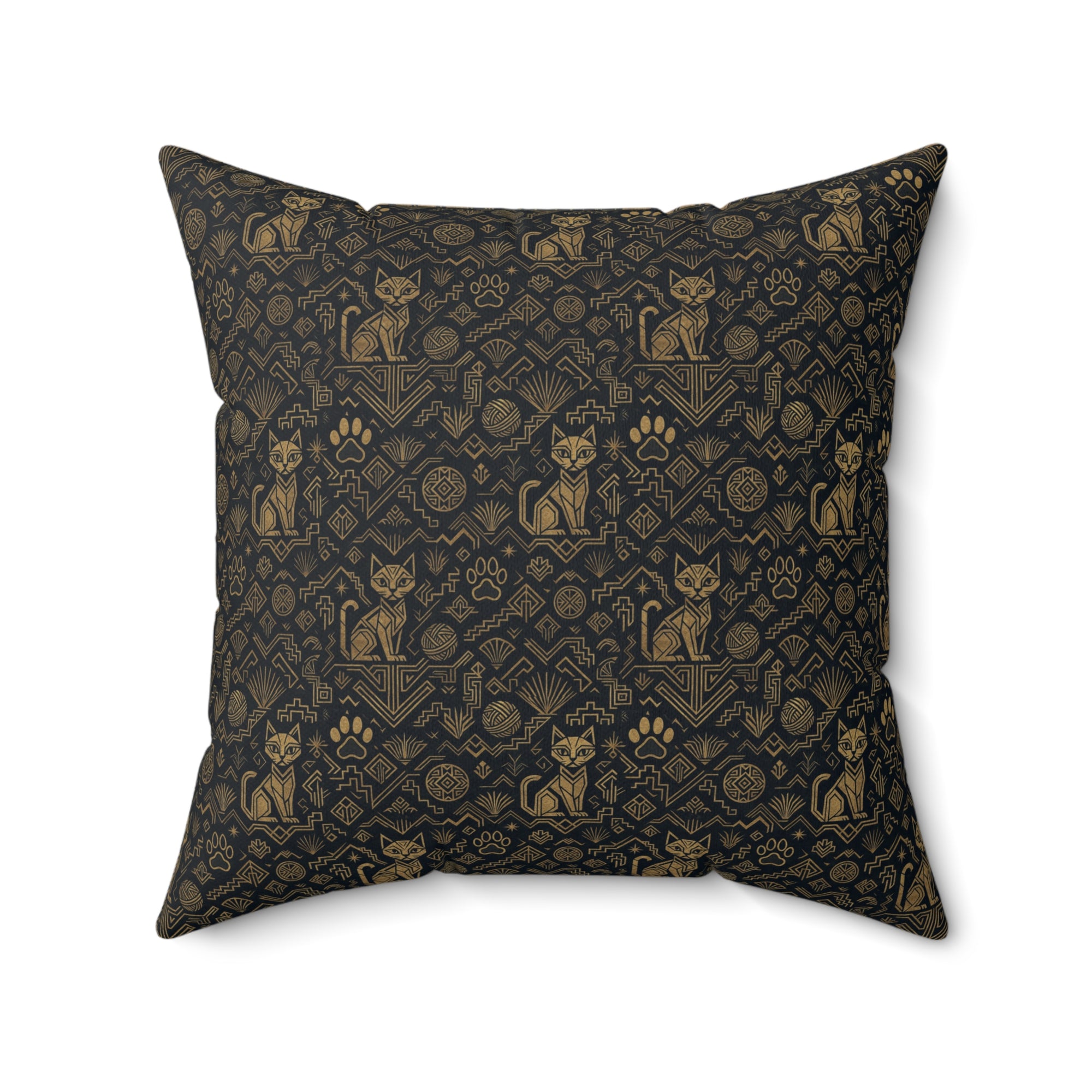 Indoor Square Pillow - Art Deco Inspired Golden Cat Silhouettes and Geometric Patterns Create a Sophisticated and Stylized Modern Design