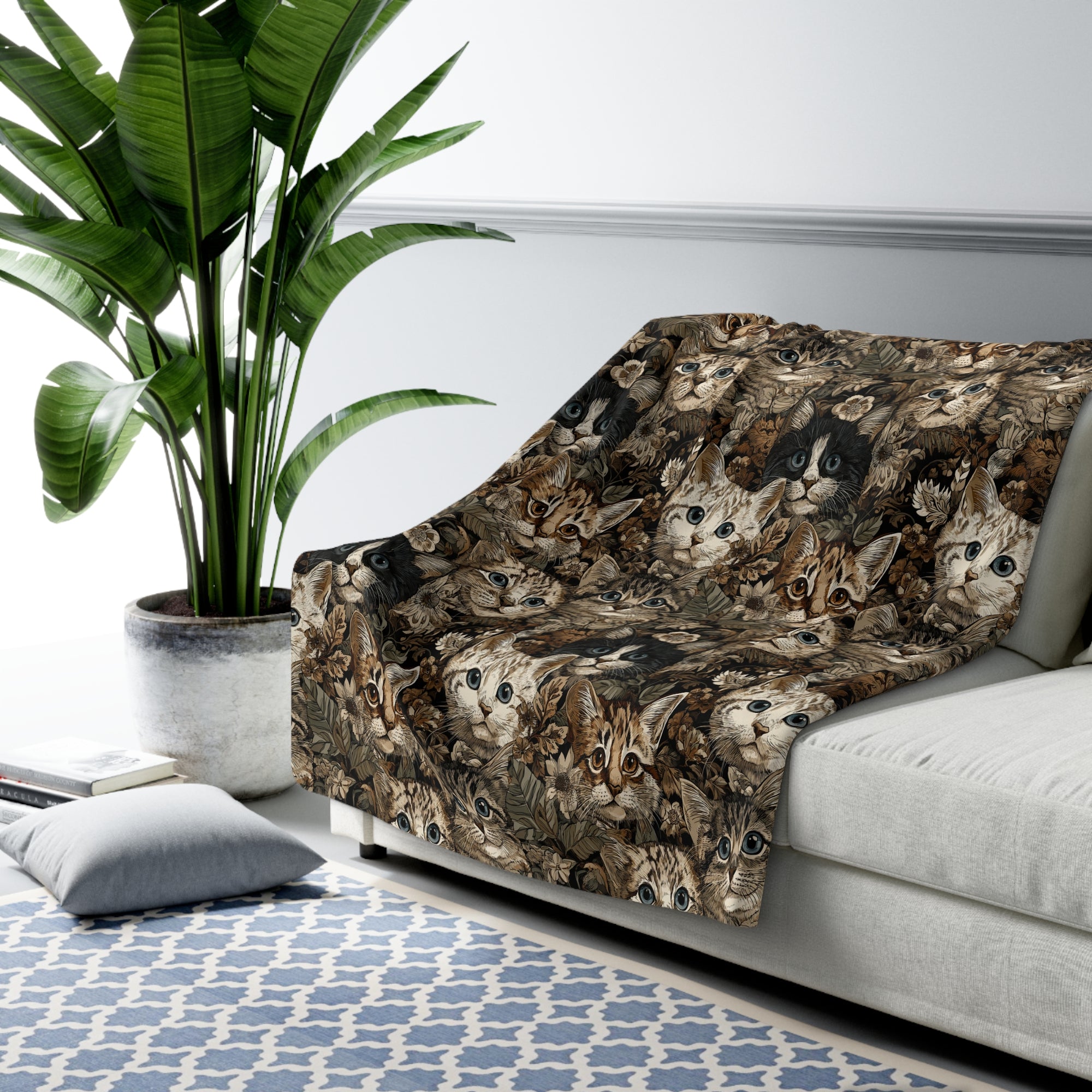 Sherpa Blanket - An intricate and detailed vintage illustration featuring a close-up of various fluffy cats with bright eyes amidst lush, ornate floral foliage in sepia tones.