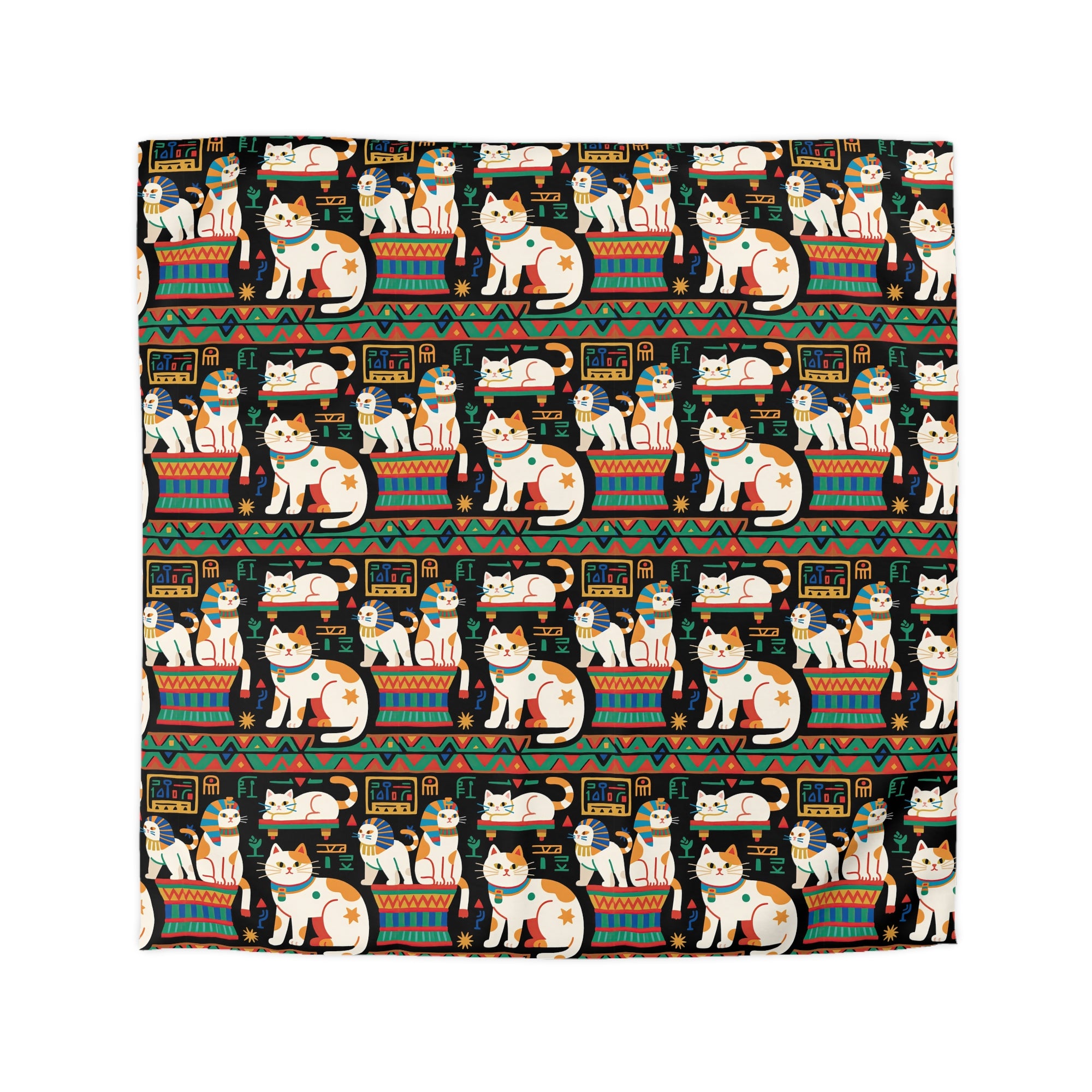 Duvet Cover - Ancient Egyptian Felines with Hieroglyphs and Colorful Borders Adorn this Playful and Culturally Rich Cat Pattern
