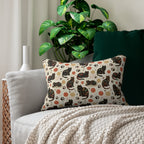 Indoor Lumbar Pillow - Intricate tribal patterned black cats, colorful folk art style, playful felines with yarn balls and paw prints, artistic and bohemian cat design, cream background, unique animal print