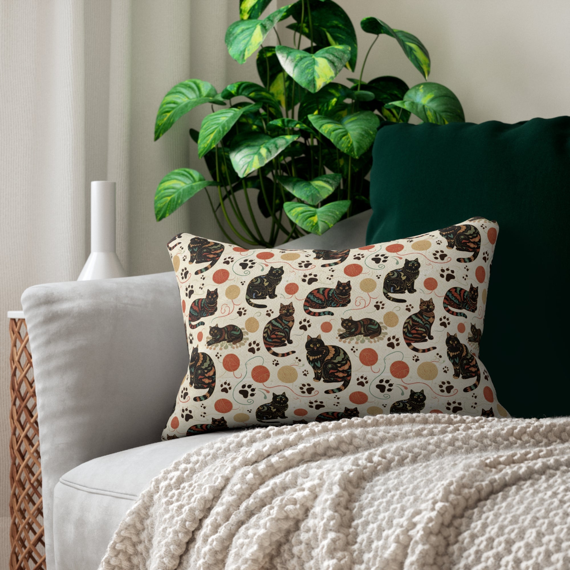 Indoor Lumbar Pillow - Intricate tribal patterned black cats, colorful folk art style, playful felines with yarn balls and paw prints, artistic and bohemian cat design, cream background, unique animal print