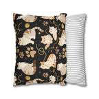 Square Pillowcase - Elegant felines and sparkling gold yarn on black, adorable cats with golden paw prints, sophisticated pet motif, charming animal pattern, cozy and warm artistic illustration
