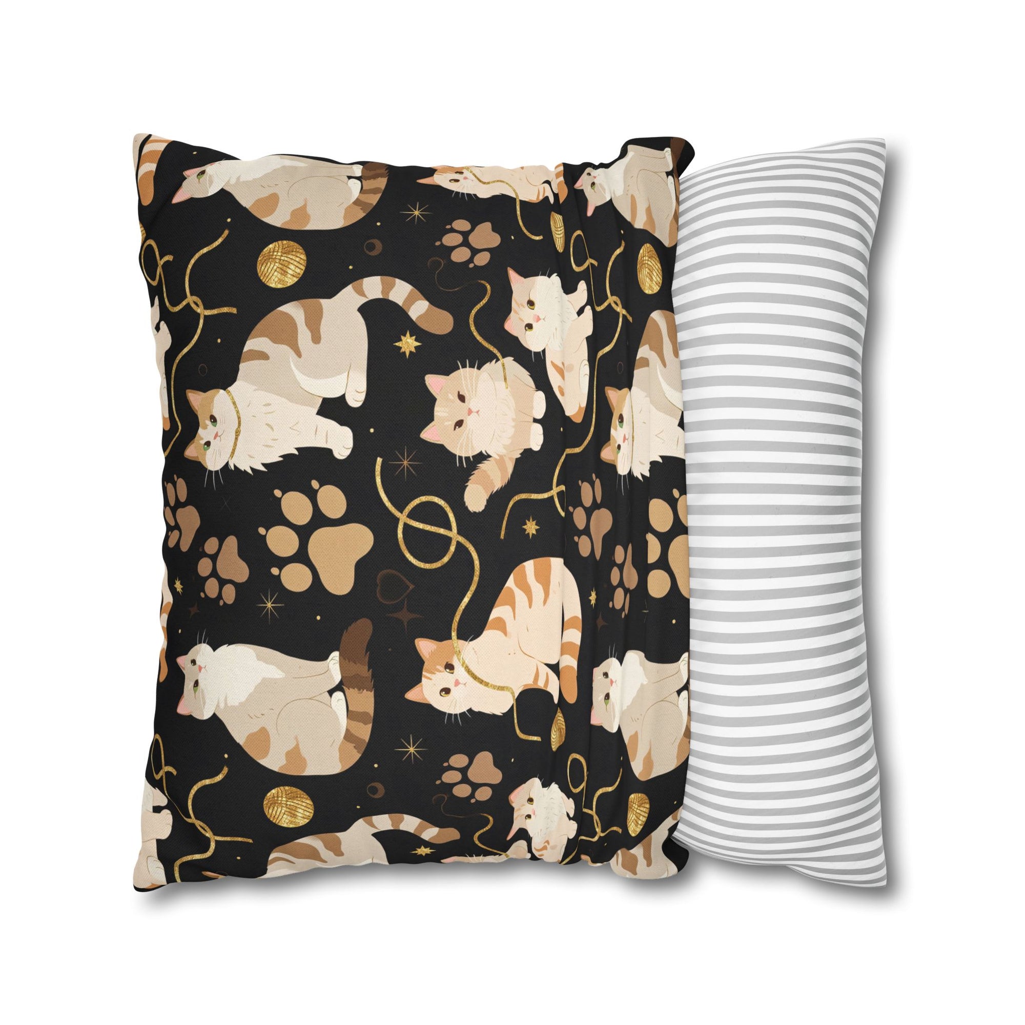 Square Pillowcase - Elegant felines and sparkling gold yarn on black, adorable cats with golden paw prints, sophisticated pet motif, charming animal pattern, cozy and warm artistic illustration
