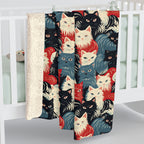 Sherpa Blanket - A bold and graphic pop art style illustration featuring a tight-knit cluster of various fluffy felines in black, white, red, and blue.
