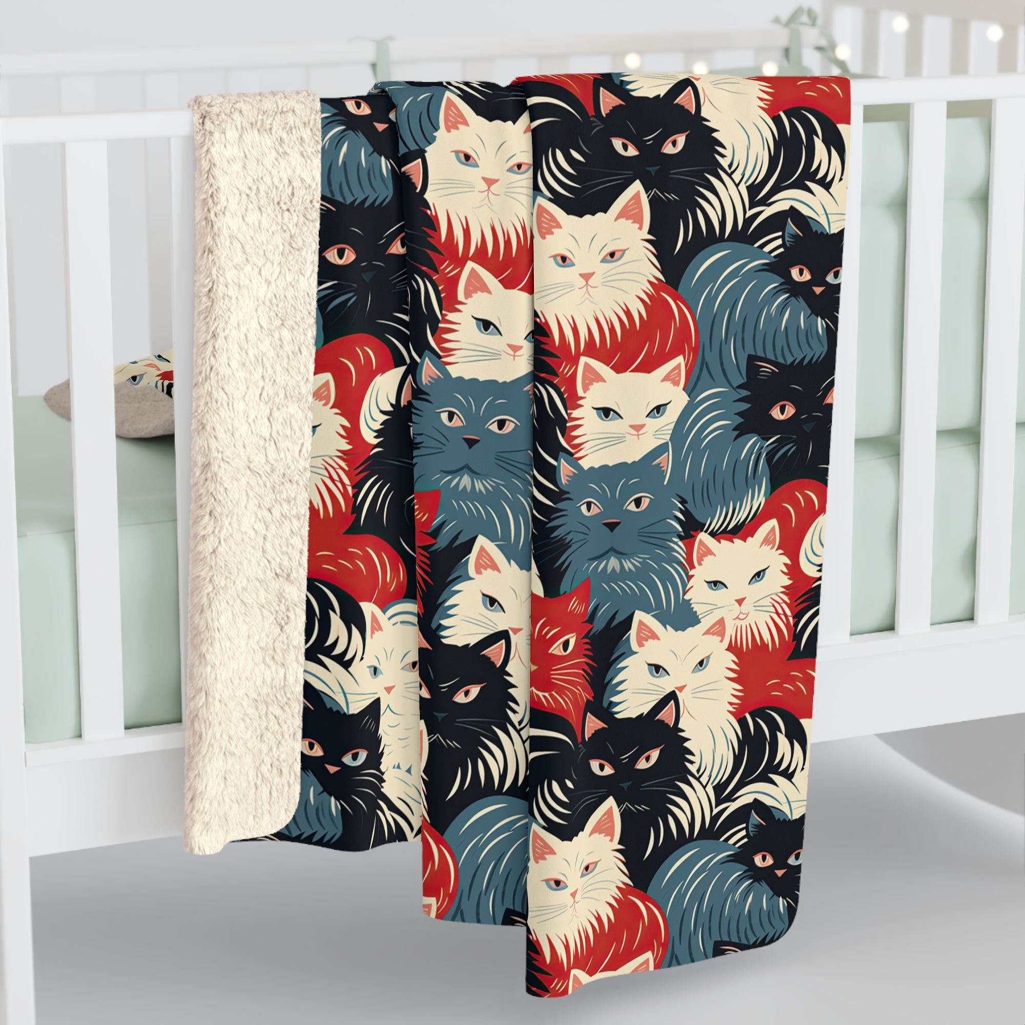 Sherpa Blanket - A bold and graphic pop art style illustration featuring a tight-knit cluster of various fluffy felines in black, white, red, and blue.