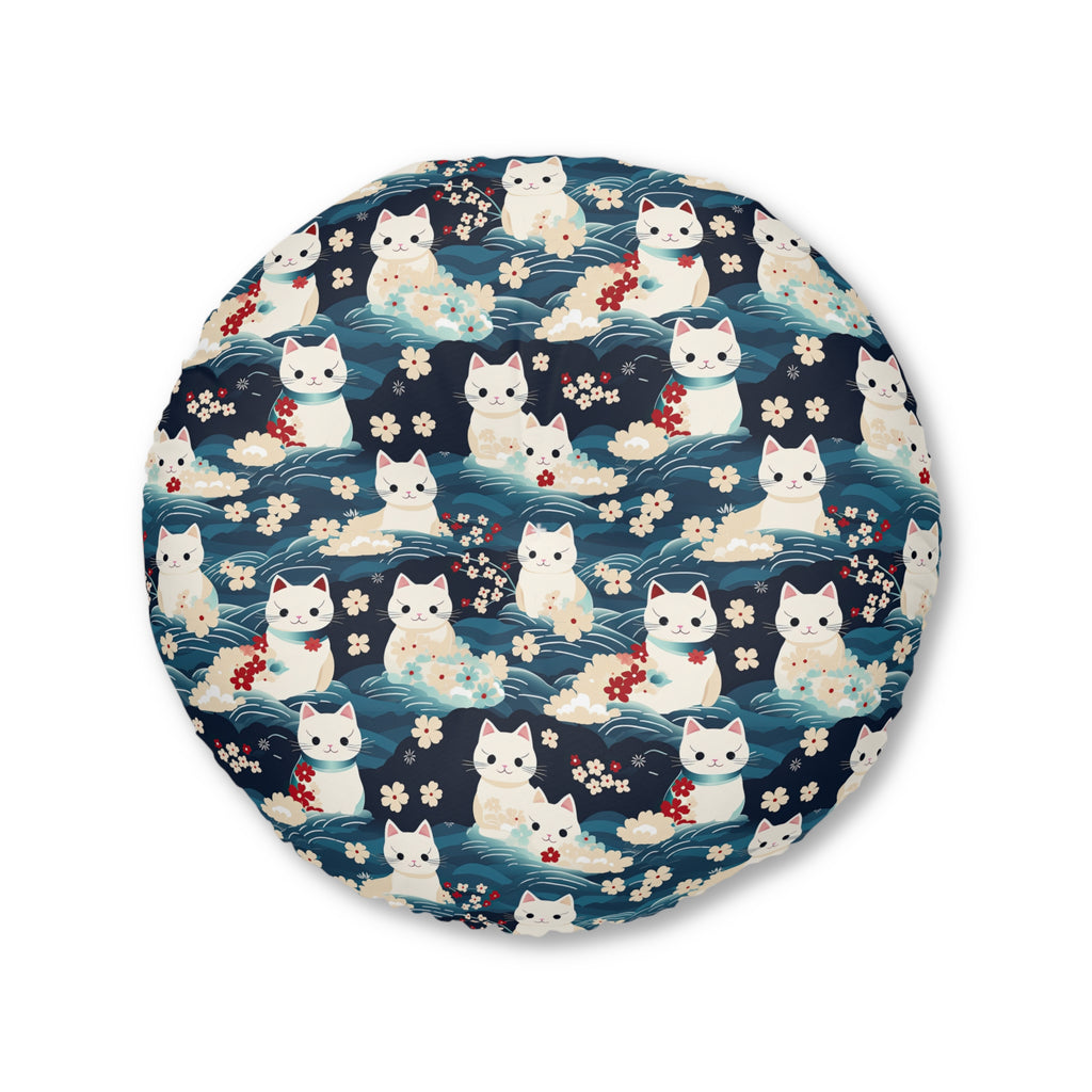 Indoor Round Floor Pillow - A lovely, playful, Japanese-inspired illustration of sweet white cats sitting on rolling blue waves with red and white flowers and gentle clouds.
