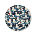 Indoor Round Floor Pillow - A lovely, playful, Japanese-inspired illustration of sweet white cats sitting on rolling blue waves with red and white flowers and gentle clouds.