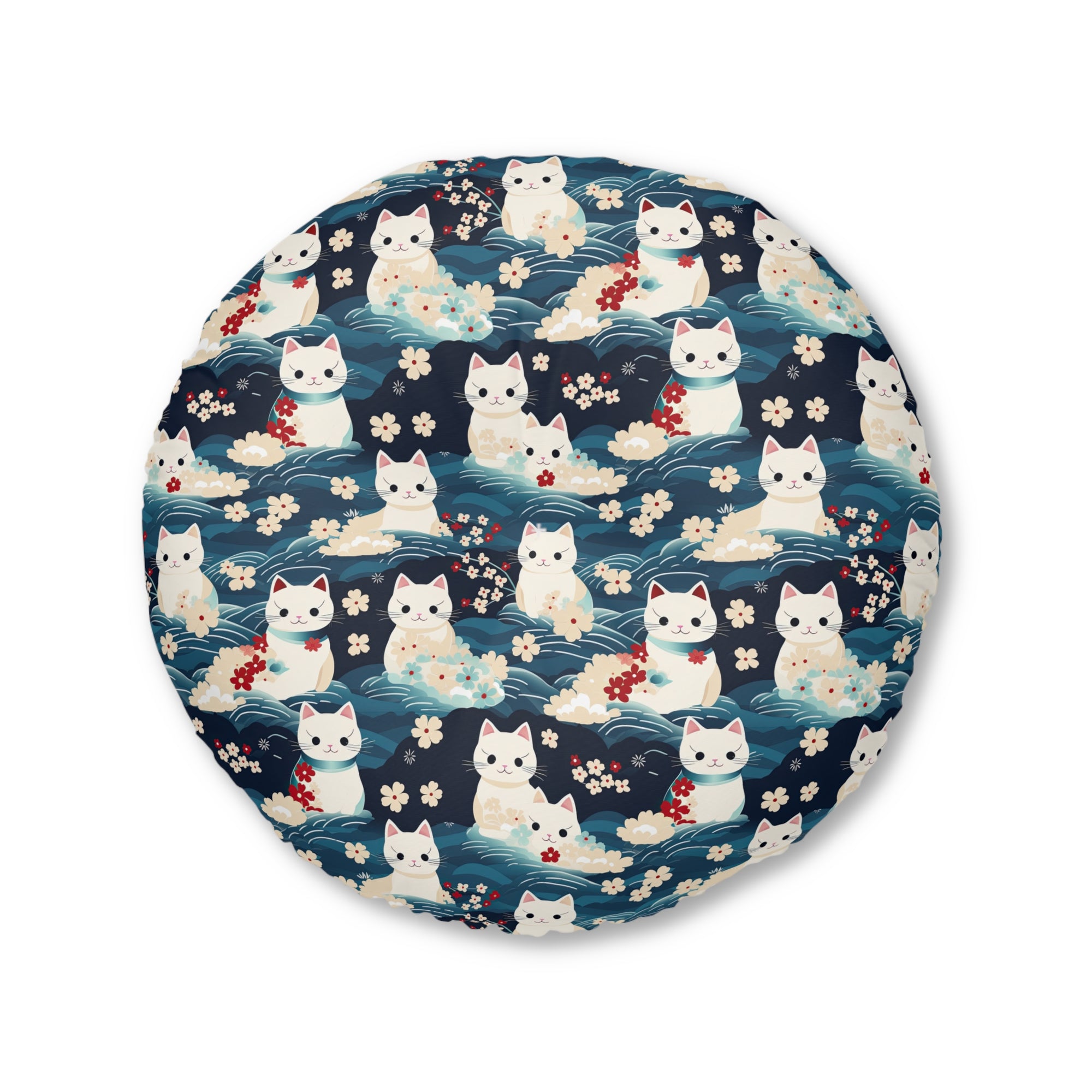Indoor Round Floor Pillow - A lovely, playful, Japanese-inspired illustration of sweet white cats sitting on rolling blue waves with red and white flowers and gentle clouds.