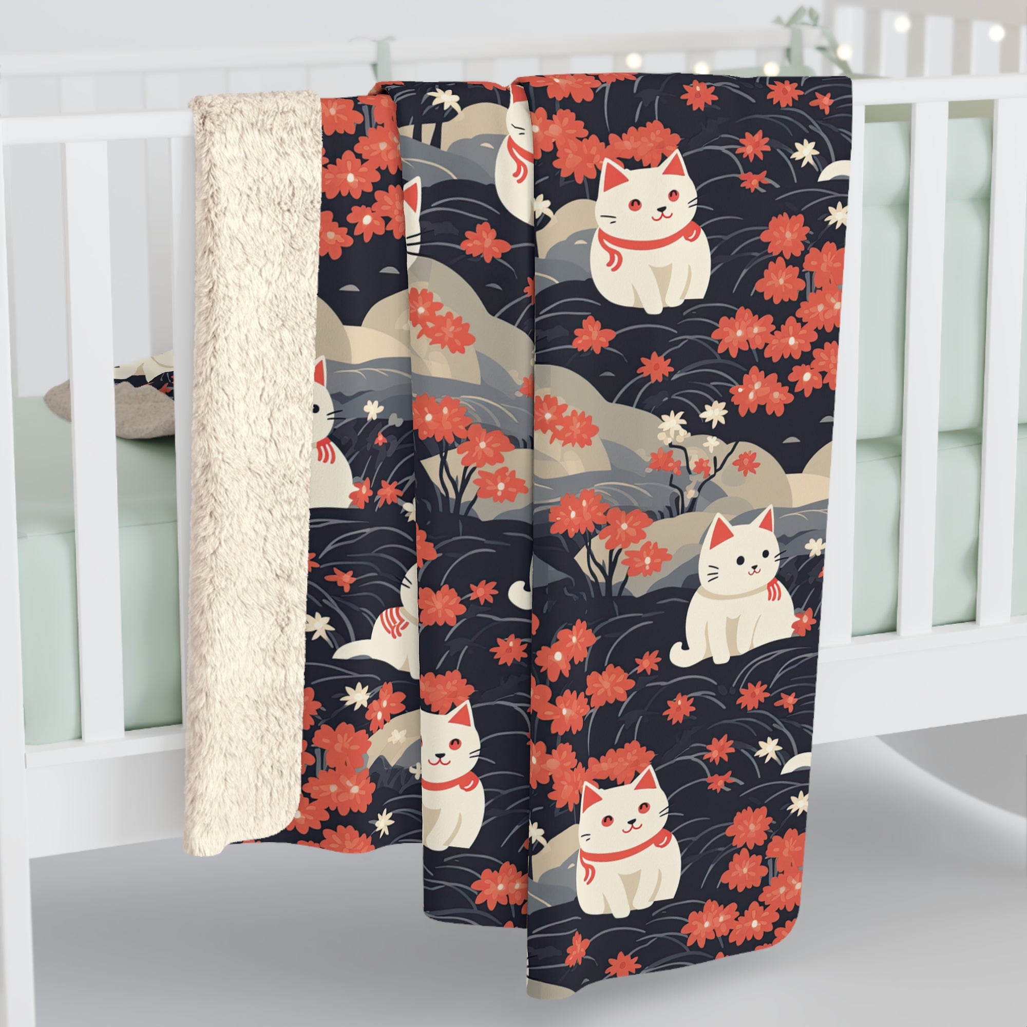 Sherpa Blanket - A charming, minimalist, Japanese-style illustration of cute white cats sitting amongst vibrant red and white flowers on a dark background.