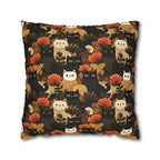 Square Pillowcase - A dark and fantastical illustrative painting of many different cats and plants, creating a dense, mysterious, and golden jungle or forest scene.