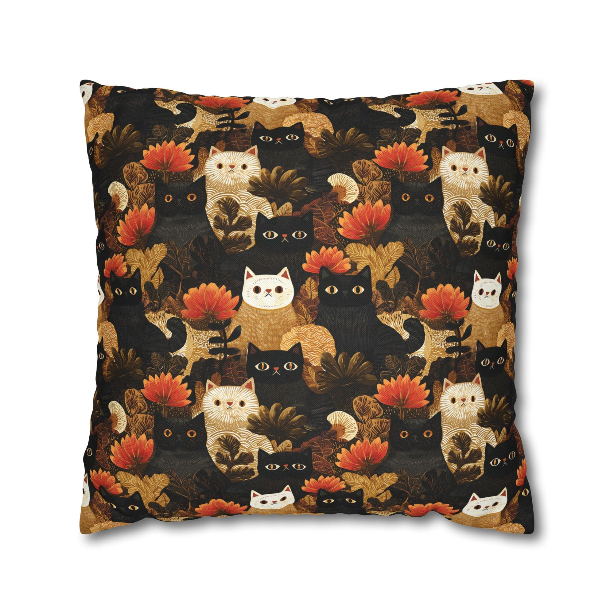 Square Pillowcase - A dark and fantastical illustrative painting of many different cats and plants, creating a dense, mysterious, and golden jungle or forest scene.