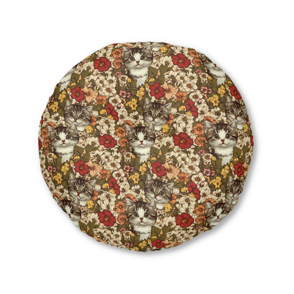 Indoor Round Floor Pillow - Grey Tabby Kittens in a Garden of Red, Peach, and Yellow Flowers, Soft Vintage Style