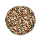 Indoor Round Floor Pillow - Grey Tabby Kittens in a Garden of Red, Peach, and Yellow Flowers, Soft Vintage Style