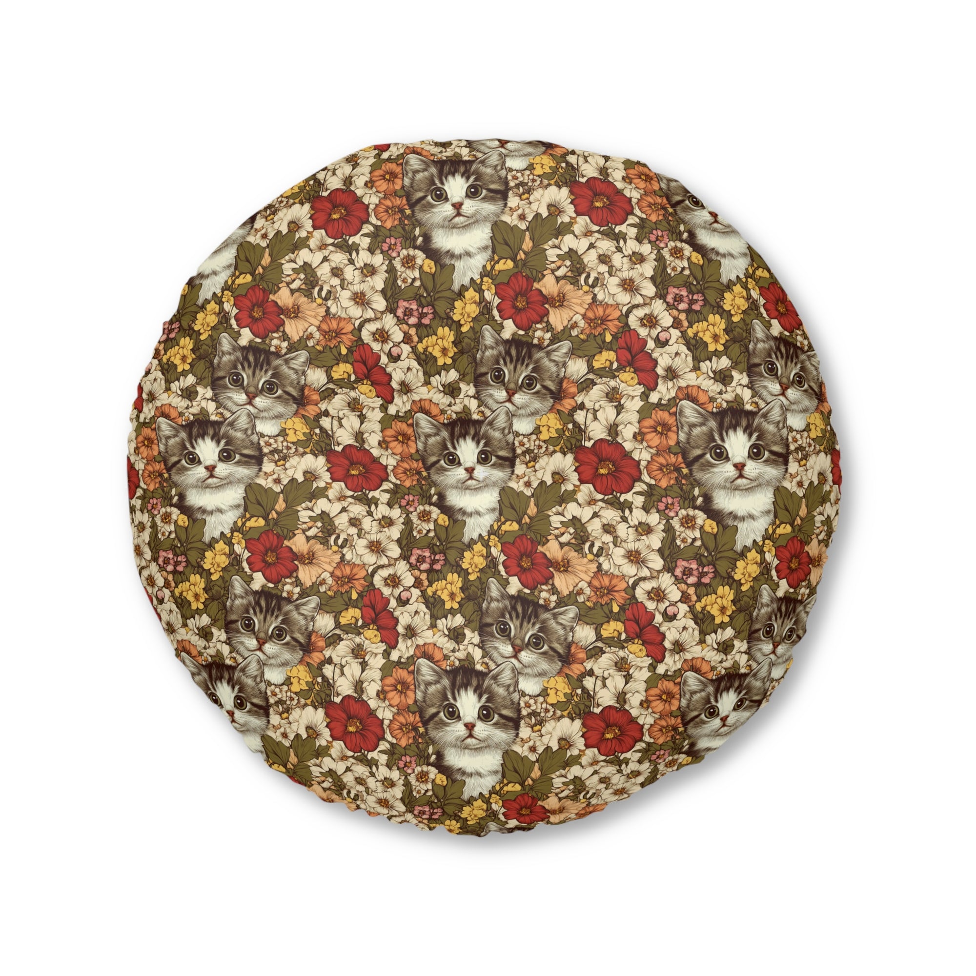 Indoor Round Floor Pillow - Grey Tabby Kittens in a Garden of Red, Peach, and Yellow Flowers, Soft Vintage Style