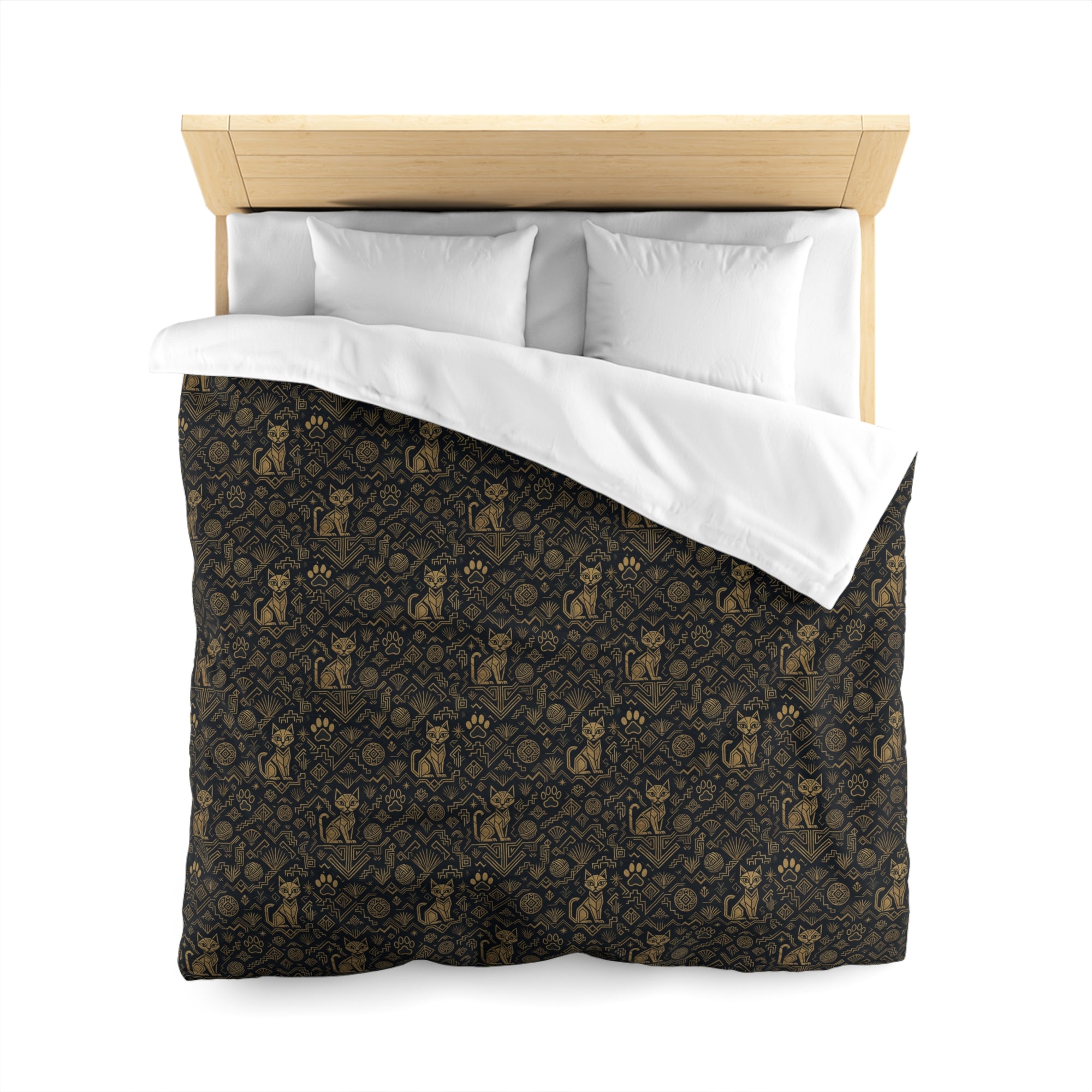 Duvet Cover - Art Deco Inspired Golden Cat Silhouettes and Geometric Patterns Create a Sophisticated and Stylized Modern Design
