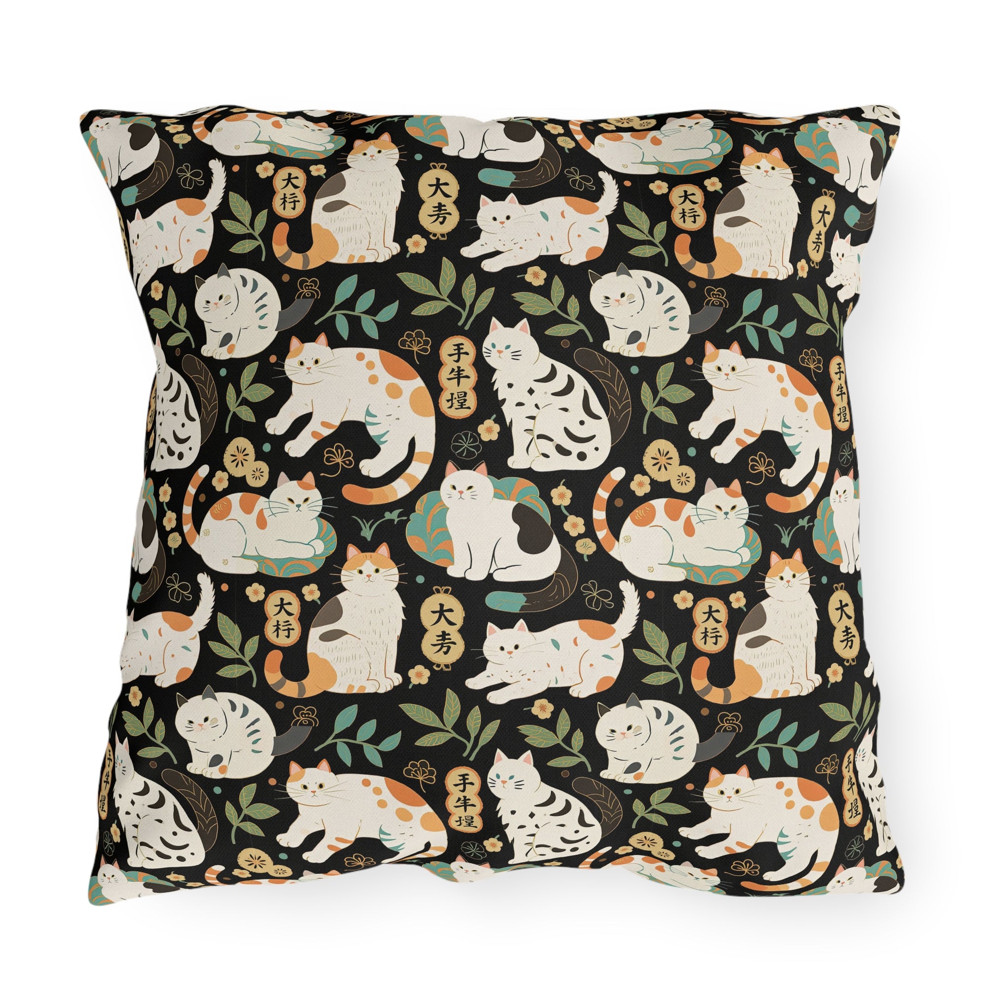 Outdoor Pillow - Traditional Japanese Maneki-Neko Cats and Auspicious Symbols Grace a Dark Background in this Fortunate Pattern